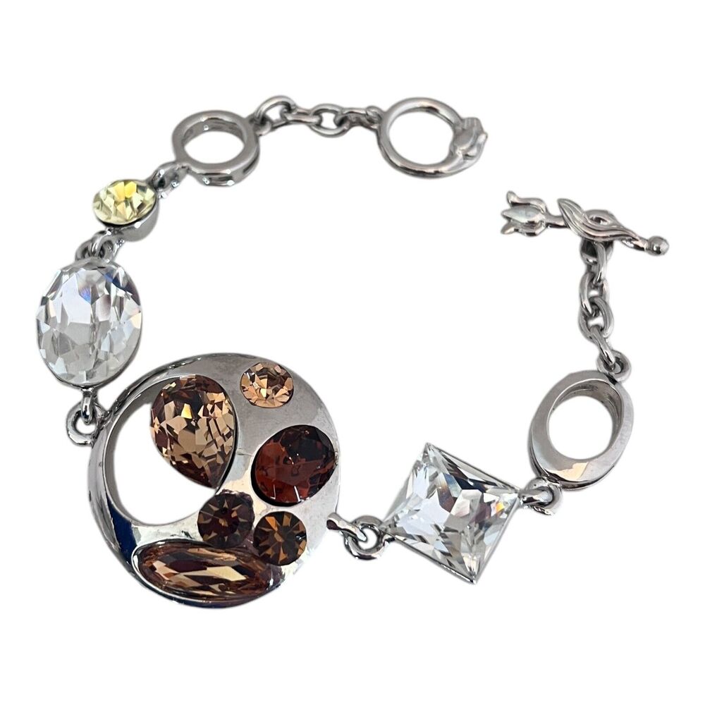 Silver Tone Bracelet Large Crystals Toggle Clasp - 9Z